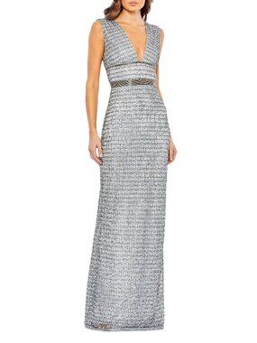 Mac Duggal Beaded Silver Maxi Dress Column Plunge V-Neck Sleeveless 5625 Sz 10